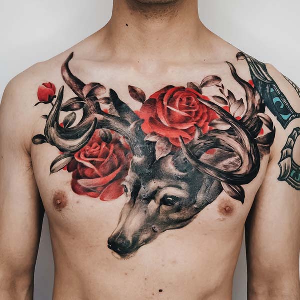 Chest tattoo of a goat with red roses and antlers.