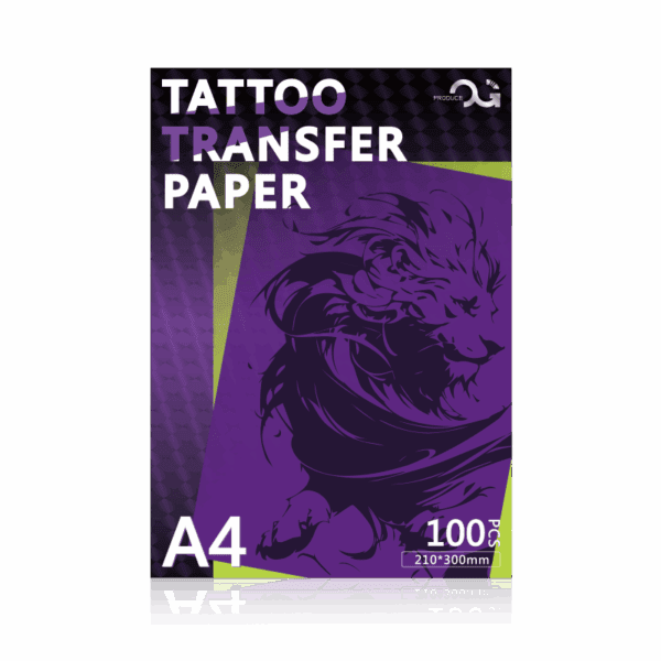 Tattoo transfer paper package with lion design, 100 sheets, A4 size.