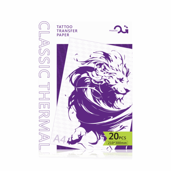 Tattoo transfer paper package with lion illustration, 20 sheets, A4 size.