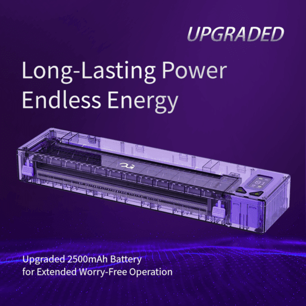 Purple portable printer with text: "Upgraded Long-Lasting Power Endless Energy."