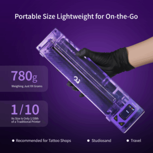 Compact, lightweight device for travel; ideal for tattoo shops and studios. Weighs 780g.