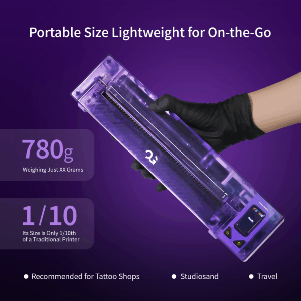Compact, lightweight device for travel; ideal for tattoo shops and studios. Weighs 780g.