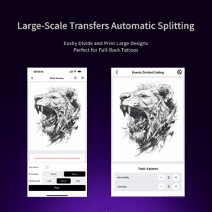 Mobile app interface showing lion tattoo design with automatic splitting feature.