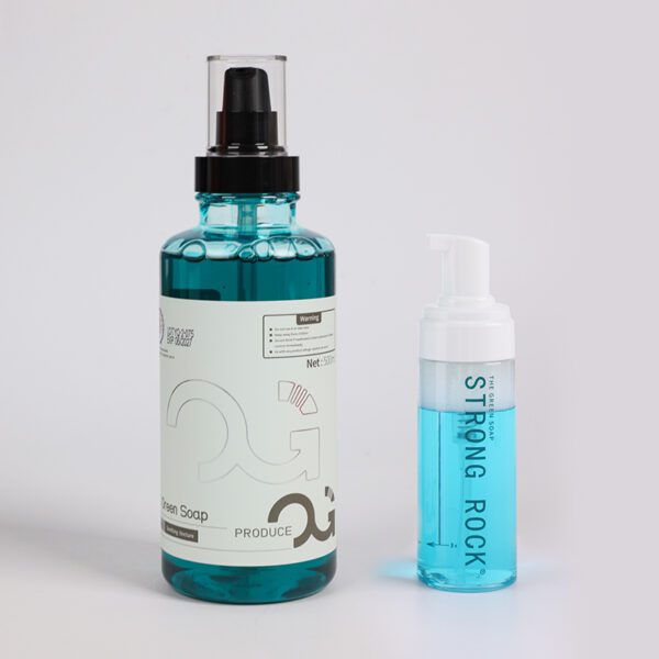 Two bottles of blue liquid soap with labels on a white background.