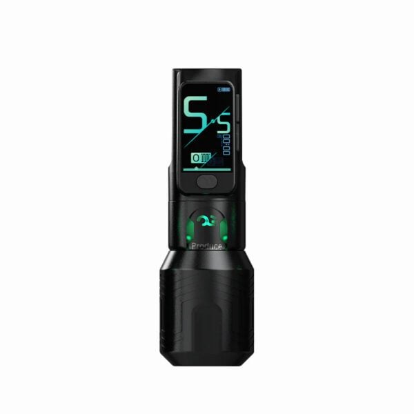 Black digital tattoo machine with green display screen.