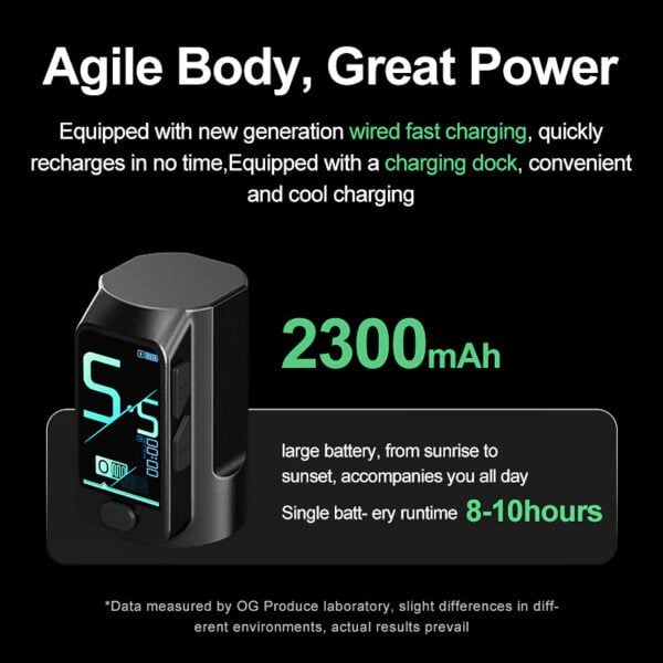 Portable device with fast charging, 2300mAh battery, 8-10 hours runtime.