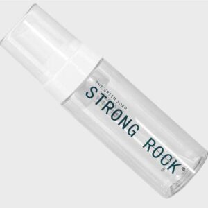 Clear bottle labeled "Strong Rock" soap on a white background.