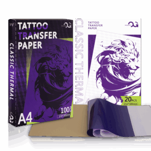 Tattoo transfer paper packaging with sheets displayed, labeled "Classic Thermal."