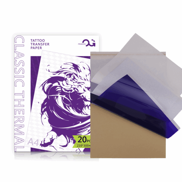 Tattoo transfer paper pack with sheets and lion design on packaging.