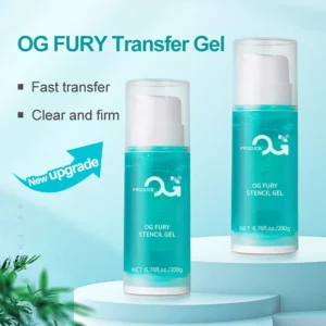 Two bottles of OG Fury Transfer Gel with product features highlighted.