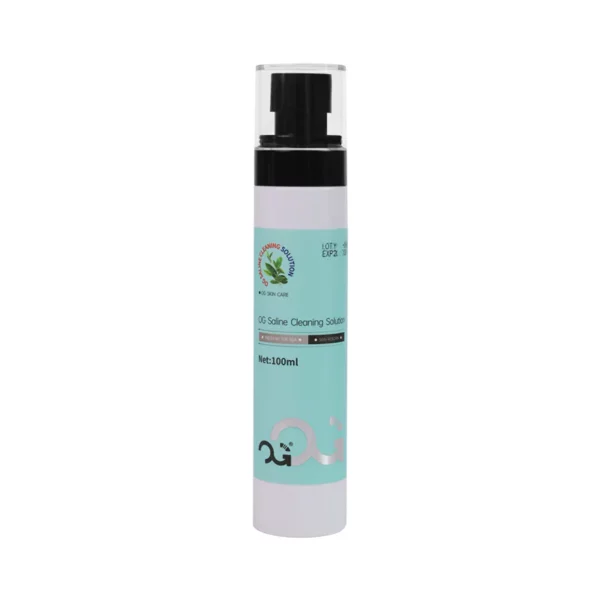 Turquoise and white bottle of saline cleaning solution, 100ml.