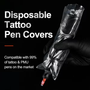 Gloved hand holding disposable tattoo pen cover, text about compatibility.