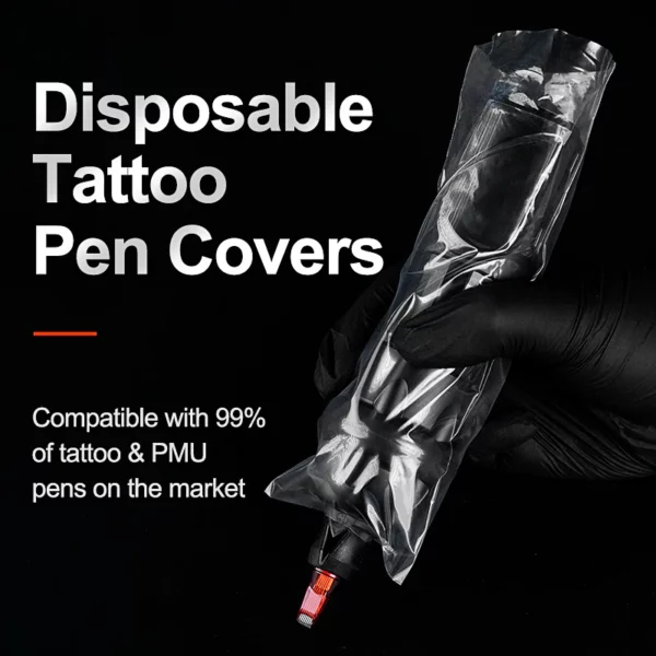Gloved hand holding disposable tattoo pen cover, text about compatibility.