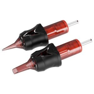 Two red and black tattoo needle cartridges on a white background.