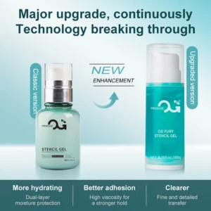 Two bottles of OG Stencil Gel, classic and upgraded versions, with product benefits listed.
