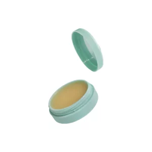 Open mint-colored lip balm container with lid slightly ajar.