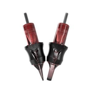 Two red and black tattoo machine cartridges with needles.