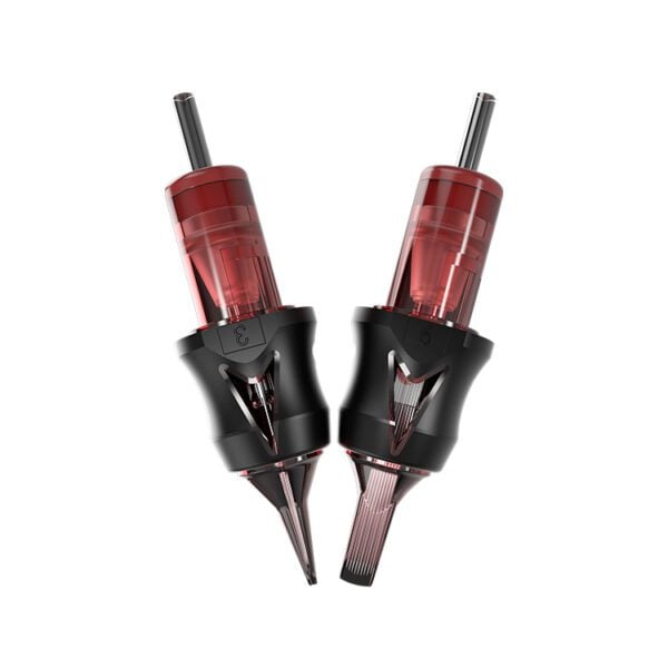 Two red and black tattoo machine cartridges with needles.