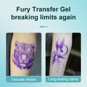 Two arms with detailed temporary tattoos: tiger and bird designs.