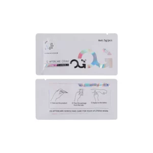 White packaging with holographic text and illustrations for skincare cream.