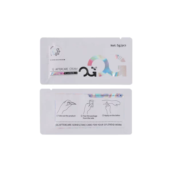White packaging with holographic text and illustrations for skincare cream.