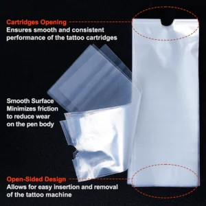 Tattoo machine cartridge covers with smooth surface and open-sided design for easy use.