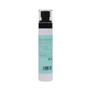 Aqua-colored skincare bottle with black pump and clear cap.
