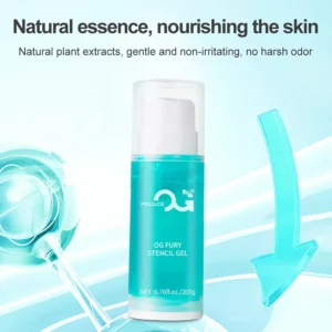 Stencil gel bottle with text about natural essence and plant extracts.