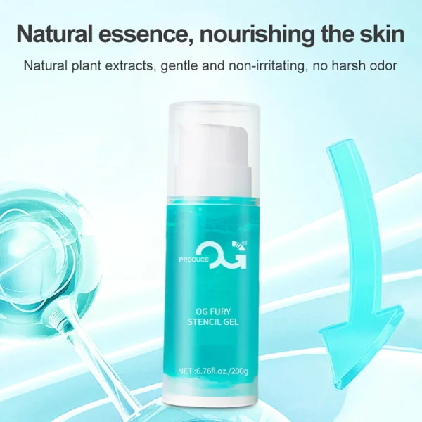 Stencil gel bottle with text about natural essence and plant extracts.