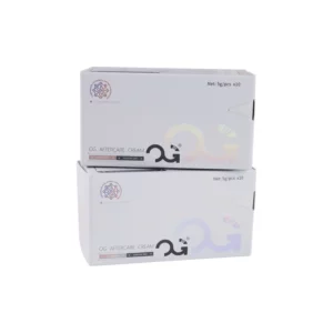 Two stacked white boxes with abstract design and text.