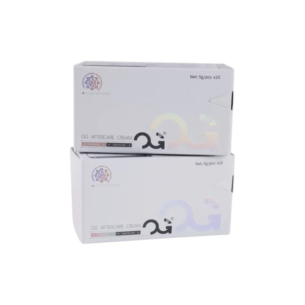 Two stacked white boxes with abstract design and text.