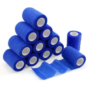 Ten blue cohesive bandage rolls stacked in a pyramid shape.