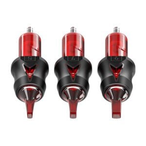 Three red and black tattoo machine cartridges aligned vertically.