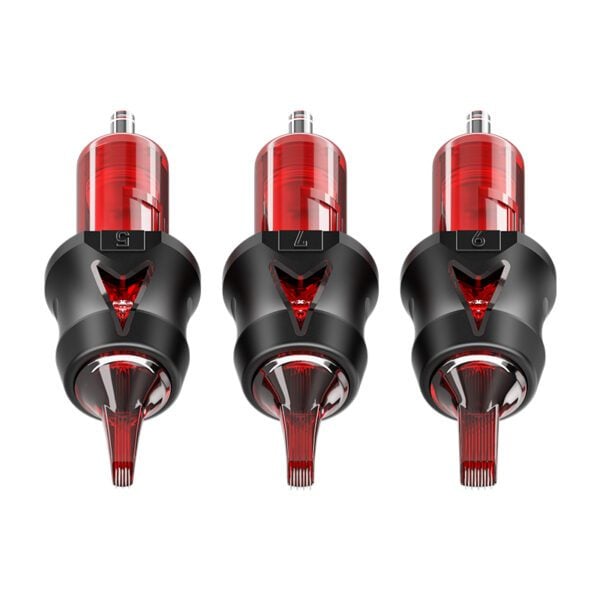 Three red and black tattoo machine cartridges aligned vertically.