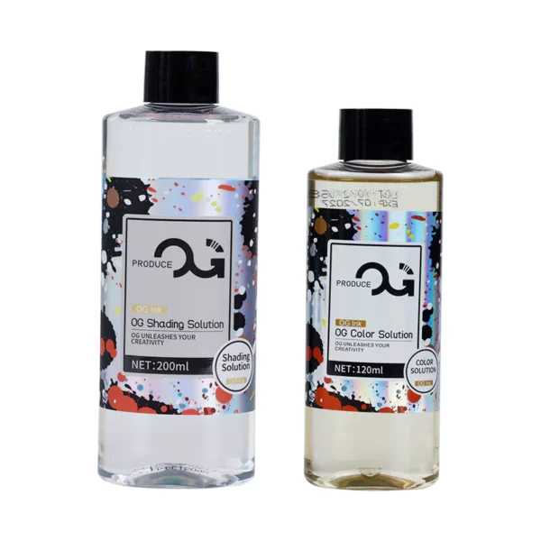 Two bottles of OG shading and color solution with colorful labels.