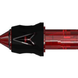 Transparent red tattoo needle cartridge with black grip and V-shaped cutout design, viewed from the side.
