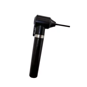 Black otoscope with a long handle and cone-shaped tip.