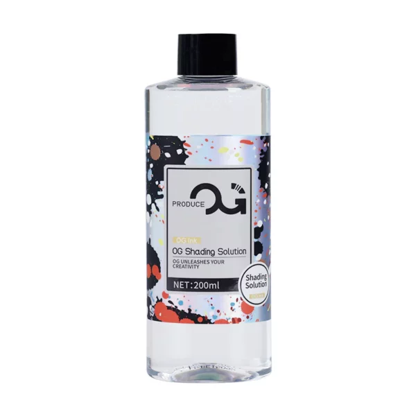 Bottle of OG Shading Solution with colorful splatter design on label.