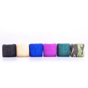 Six colorful rolls of cohesive bandages on a white background.