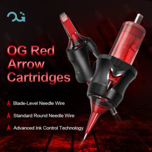 Red and black tattoo needle cartridges with text about features.